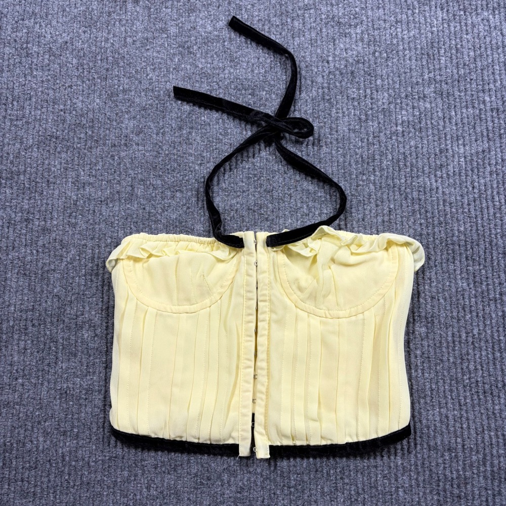 Beverly and Beck Corset Top Womens XS Ruffle Halter Hook Eye Front Velvet Trim